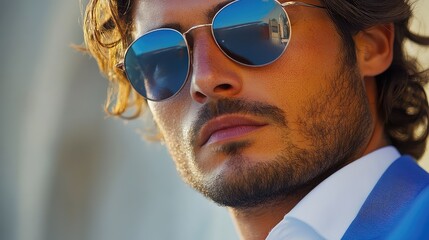 Close-Up of a Man’s Face Wearing Sunglasses, White Shirt, and Blue Suit Jacket - Stylish Portrait for Fashion and Business Concepts