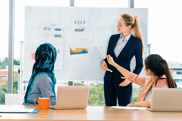 Wall Mural - Multicultural work group. Team of businesswomen of different ethnicity, Caucasian, Asian and Arabic working together in team meeting with laptop computer at office. Multiethnic teamwork concept. uds