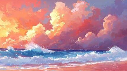 Poster -   Sunset over water with waves and clouds