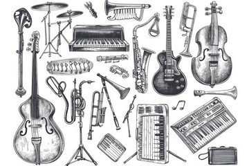 Aufkleber - Collection of musical instruments on a flat surface, various types and shapes