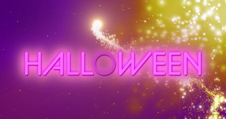 Canvas Print - Image of shooting star over neon halloween text banner against light spots on purple background