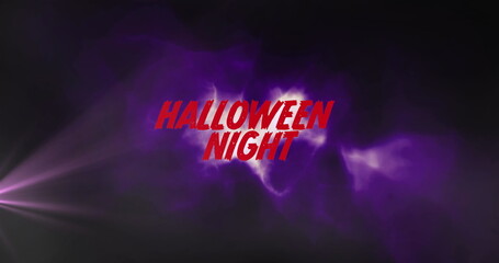 Sticker - Image of halloween night text banner over purple light spot and digital wave on black background