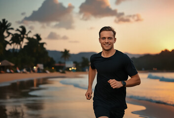 Young man jogging on a tropical beach by the ocean during sunset.