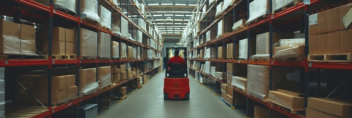 Poster - A modern warehouse showcases efficiency and organization with a forklift in the aisle, surrounded by shelves filled with boxes. It demonstrates industrial storage and logistics in action