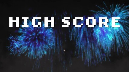 Canvas Print - High score text animating over blue fireworks display in background