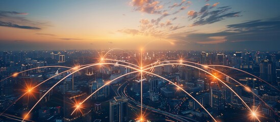 Poster - A city skyline at dusk, brightly lit with futuristic network connections, symbolizes technology, connectivity, urban living, reflecting innovation and sophistication of a modern metropolis