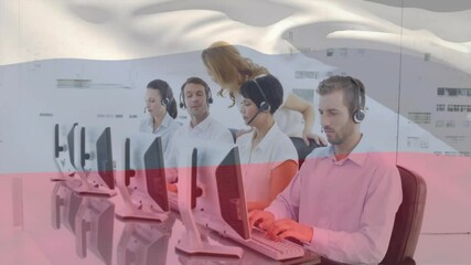 Poster - Working at computers, customer service team with animation of waving Russian flag