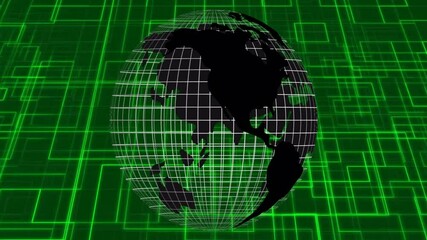 Poster - Rotating globe with grid lines and green digital grid animation in background
