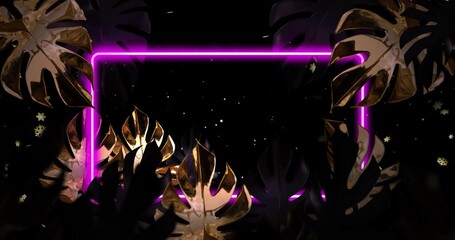 Poster - Neon pink line and golden leaves animation over dark background with stars