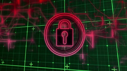 Poster - Red padlock icon with security animation over green digital grid background