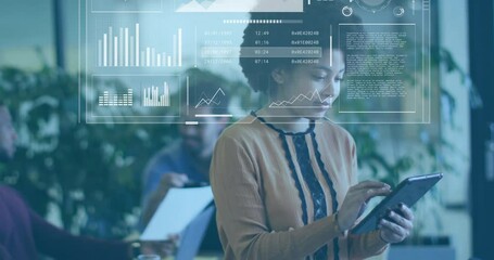 Poster - Digital data interface animation over woman using tablet in office