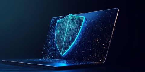 Poster - A modern laptop with a blue shield symbolizes the crucial role of cyber security, emphasizing the importance of protection and digital safety in our techdriven, interconnected world