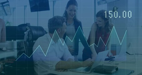 Poster - Business people discussing work at desk with stock market graph animation over them