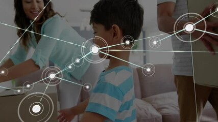 Poster - Network of connections and data processing animation over family in living room