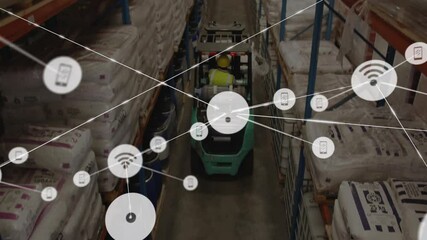 Poster - Forklift operating in warehouse with network of connected devices animation