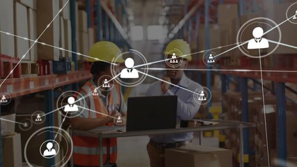 Poster - Network of connections and data processing animation over workers in warehouse