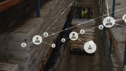Poster - Operating forklift in warehouse, network of connections animation in background
