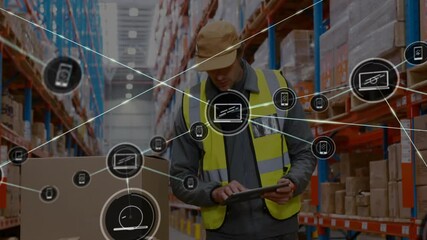 Poster - Warehouse worker using tablet, logistics network animation over shelves and boxes