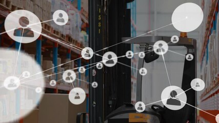 Poster - Network of connections animation over warehouse with forklift and boxes