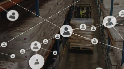 Poster - Operating forklift in warehouse, network of connected user icons animation