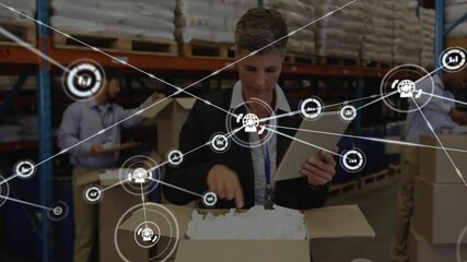 Poster - Handling packages, warehouse workers with network connections and data processing animation