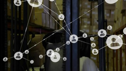 Poster - Warehouse with stacked boxes, network of connections animation overlaying scene