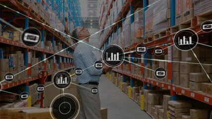 Poster - warehouse worker scanning boxes, data network and analytics animation over shelves