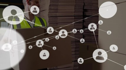 Poster - Network of connections animation over warehouse worker organizing cardboard boxes