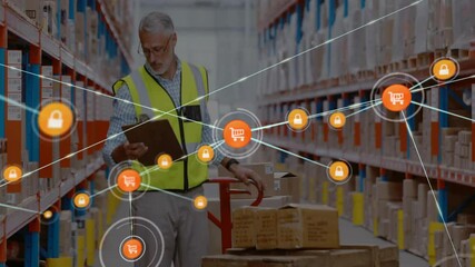 Poster - Warehouse worker with boxes and shopping cart icons, e-commerce logistics animation