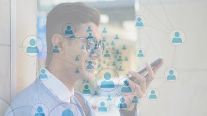 Poster - Using smartphone, man viewing social network connections animation