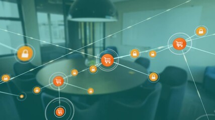 Poster - Network of shopping cart and lock icons animation over office meeting room
