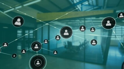 Poster - Network of connections and user icons animation over modern office background