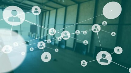 Poster - Network of connections and user icons animation over modern office interior