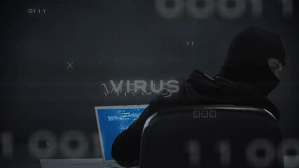 Aufkleber - Hacker in dark room with computer, virus alert animation over binary code