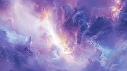 Poster -   A painting of vibrant purples and blues blending seamlessly into the sky, adorned with fluffy white clouds and contrasting shades of blue and purple