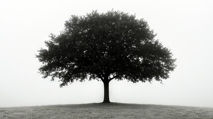 Poster -   A monochrome image captures a solitary tree standing amidst fog in an expansive field