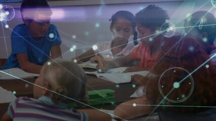 Sticker - Studying together in school, children with network connections animation over them