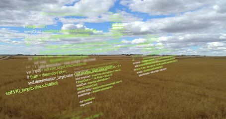 Poster - Animating green code over wheat field under cloudy sky