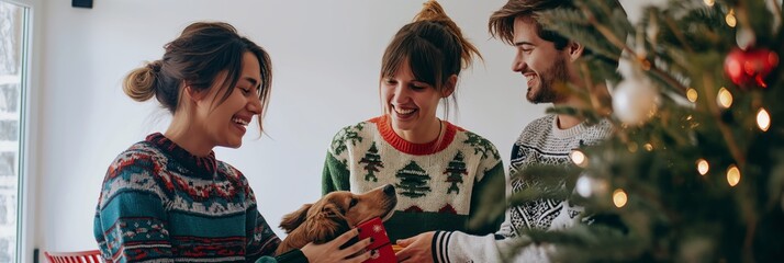 Wall Mural - Joyful Christmas celebration with friends exchanging gifts and enjoying quality time together. Festively dressed in cozy sweaters, they share warm moments with their adorable new puppy.