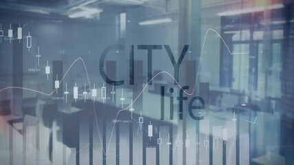 Sticker - City life text and financial data animation over modern office background