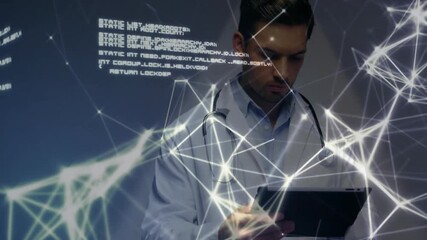 Poster - Doctor using tablet, network connections and coding animation over background