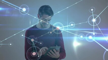 Poster - Using tablet, man surrounded by network connections and data processing animation