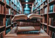 © Cetin - stack of books with an open book on top, set against the backdrop of a library or study room