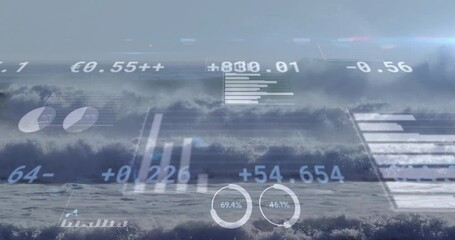 Sticker - Animating financial data and statistics over ocean waves in dynamic visual display