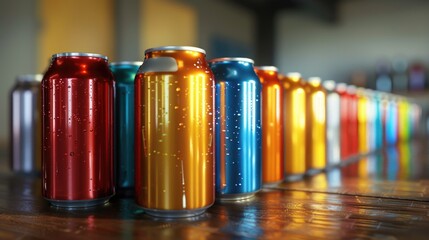Aufkleber - Row of soda cans on wooden table, perfect for commercial or editorial use