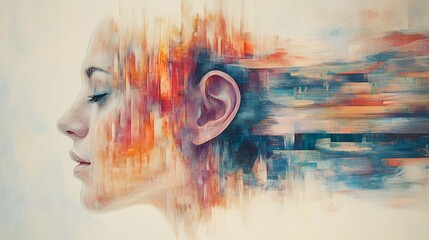 Abstract depiction of a human ear with flowing pastel colors and ethereal smoke effect