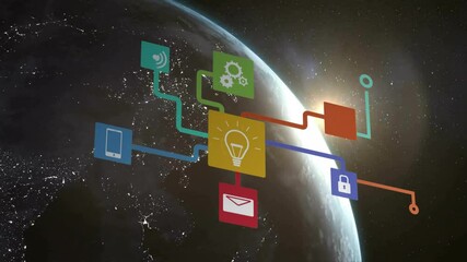 Poster - Network of technology icons and connections animation over Earth from space