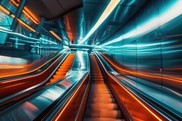 Poster - Escalator in a busy subway station at night with people moving up and down