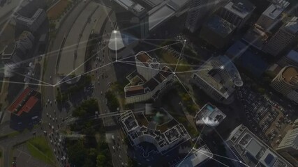 Poster - Geometric shapes and lines animation over aerial view of cityscape