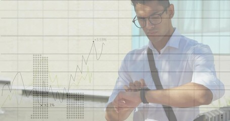 Poster - Checking smartwatch, business professional with stock market data animation overlaid